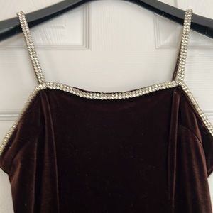 Vintage Brown Velvet Slip On Rhinestone Embellished Tube Long Maxi Dress Small